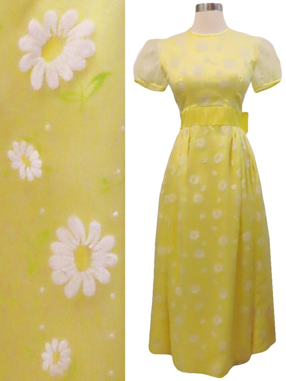Vintage 70s Yellow White Daisy Flocked Floral Maxi Dress XS Flocking Hippie Boho